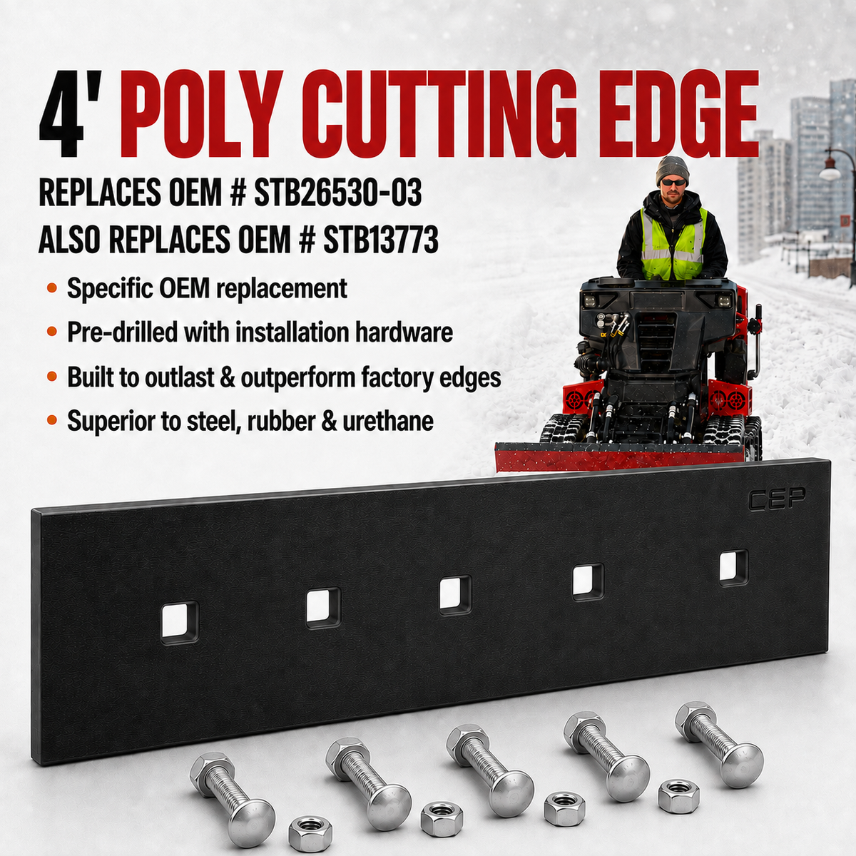 Cutting Edge Poly 48" x 5" x 1" UHMW Poly Cutting Edge Compatible with BOSS Snowrator 4-Foot Plow, Replaces STB13773, Reversible 5-Hole Design