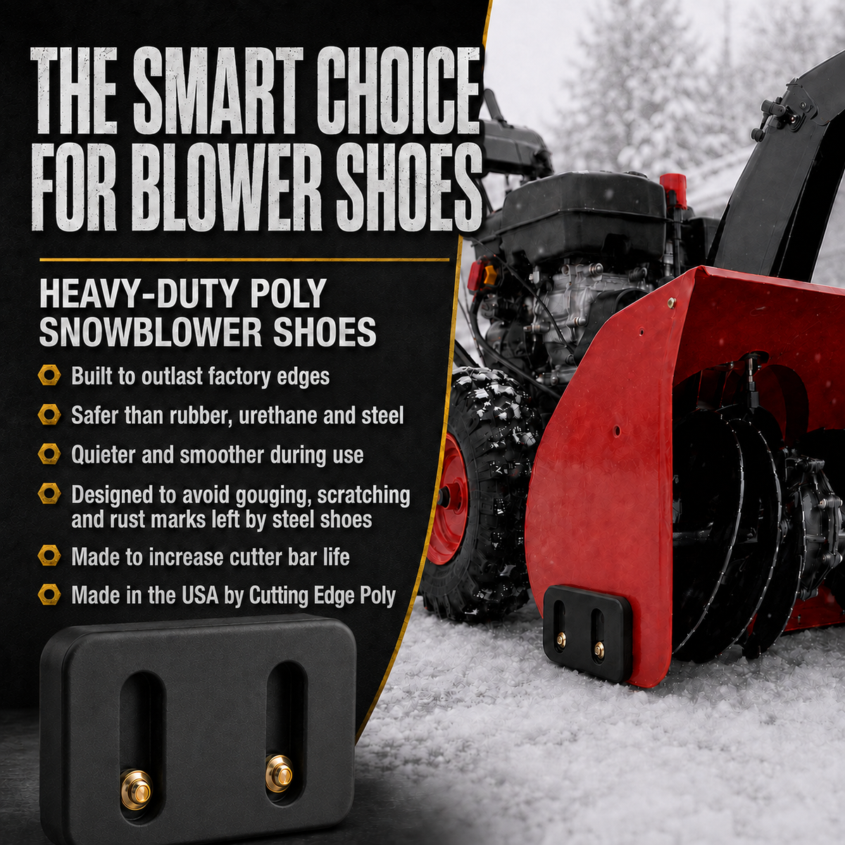 Cutting Edge Poly UHMW Snow Blower Skid Shoes, set of two with hardware for blowers with 2.5" bolt spacing