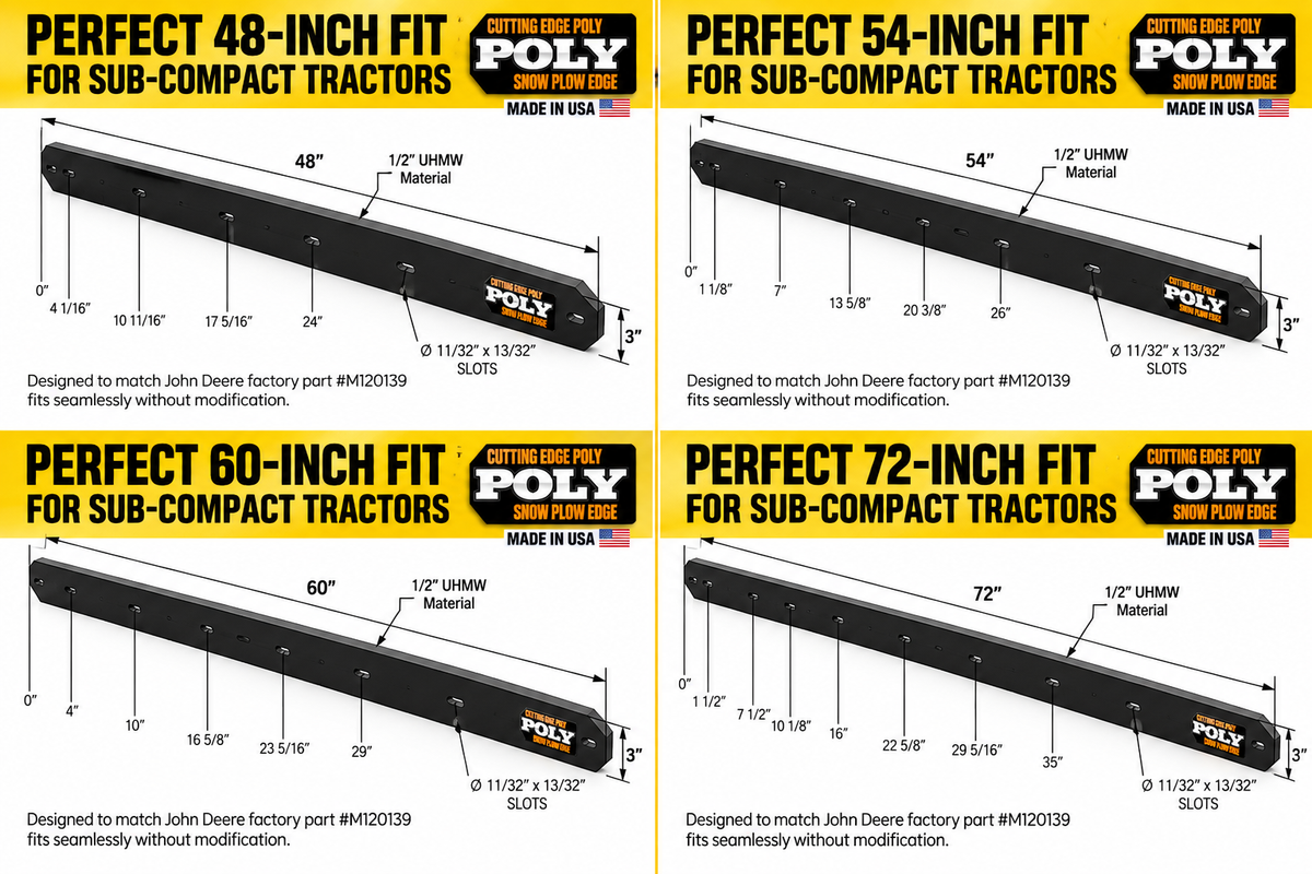 Cutting Edge Poly UHMW Poly Snow Plow Cutting Edge for John Deere Sub-Compact Tractor Front Blade, 1/2" Thick x 3" Tall, 48", 54", 60" & 72" Lengths
